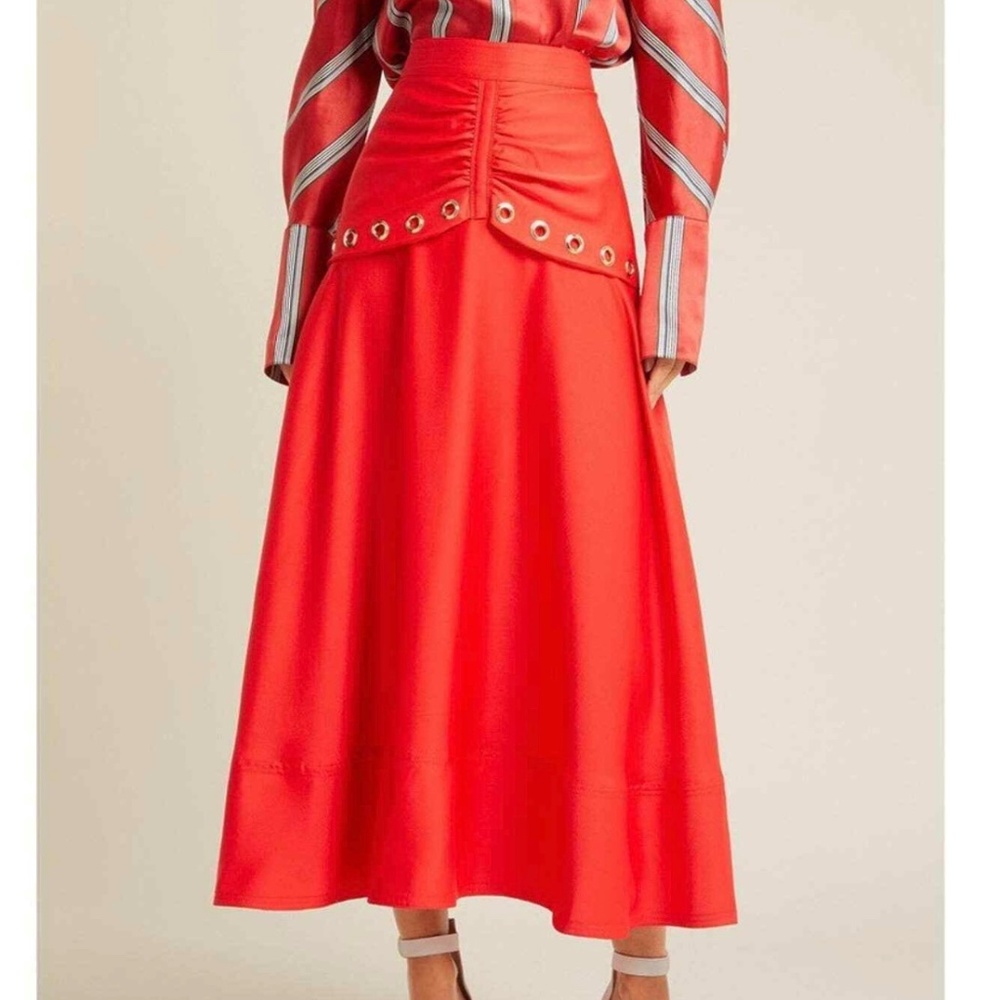 NWOT  Self Portrait Red Eyelet Satin Midi Skirt . Size 8